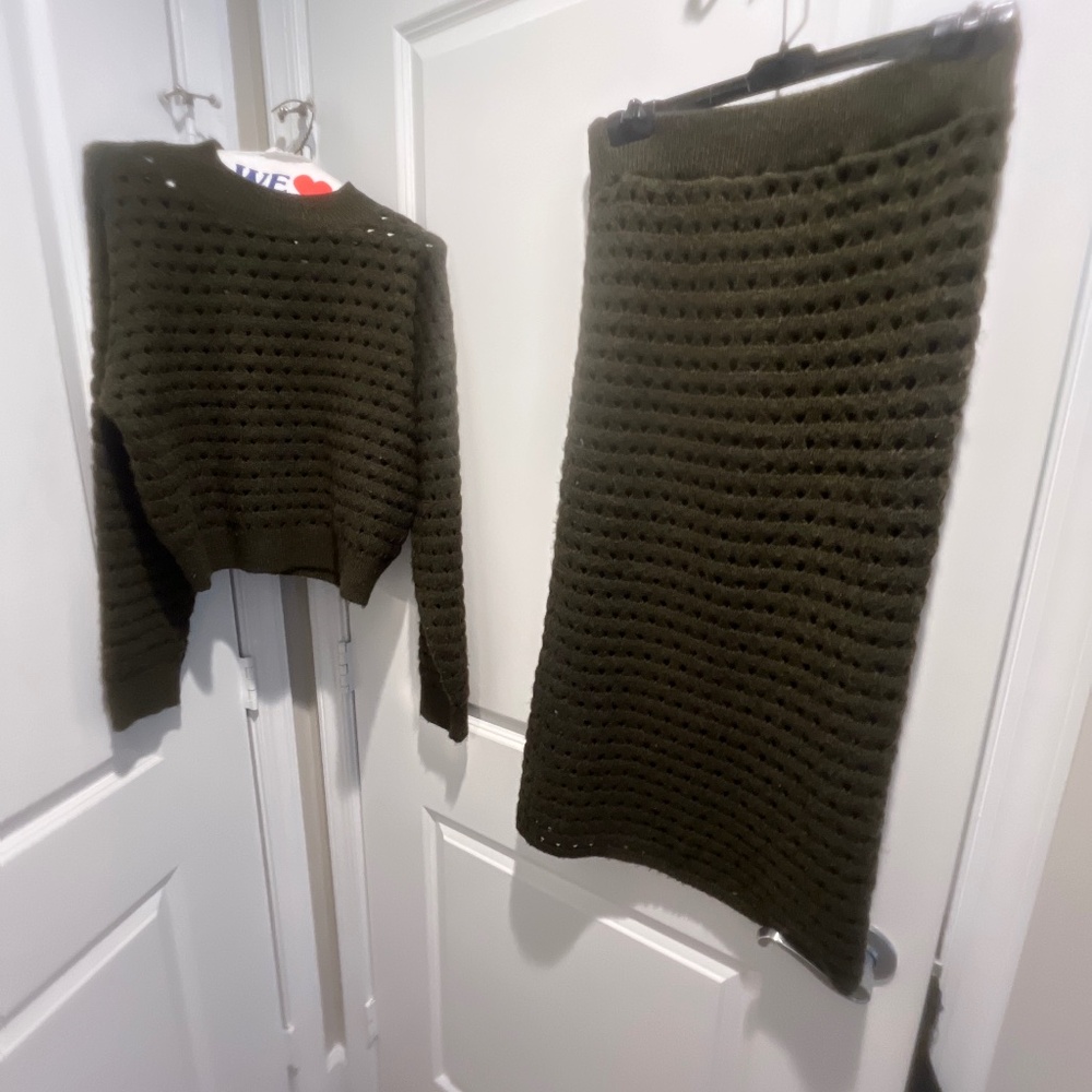 Mango green knitted sweater and pencil skirt set